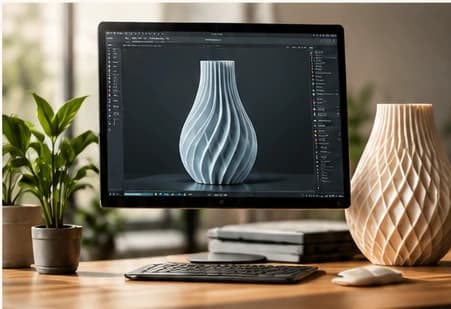 A 3D vase design on a computer beside a printed product