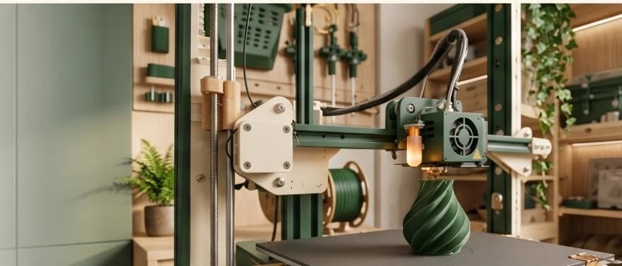 A 3D printer making a green sculptural vase